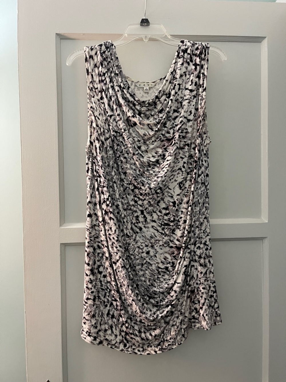 CAbi Draped Sleeveless Tunic in Black, White & Light Pink Print